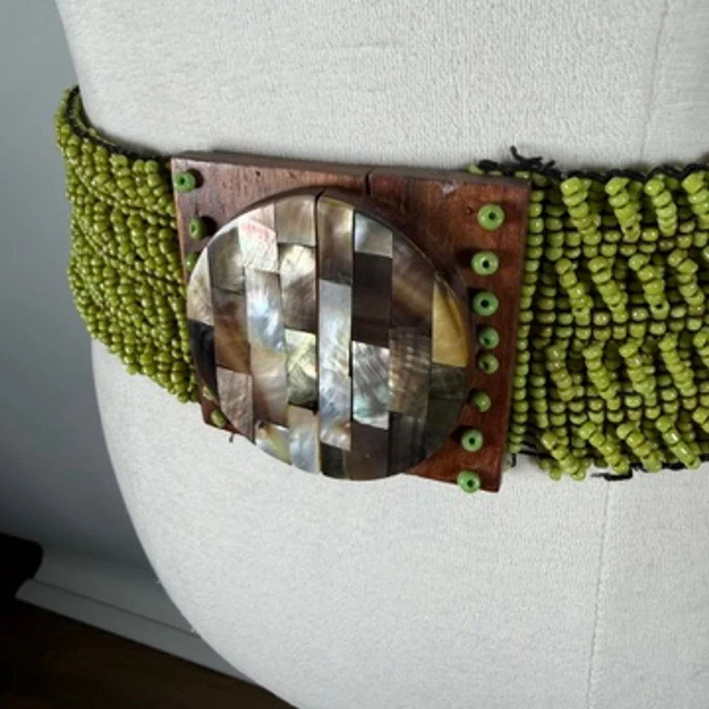 Statement Beaded Lime Green Wide Belt Wood & Mosaic Inlay Buckle Boho Size OS - Picture 3 of 9